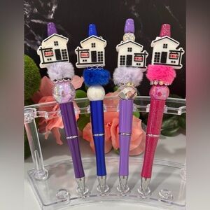 Cute House Topper Pom Pom Ballpoint Pens - Purple, Blue, Lilac, Pink